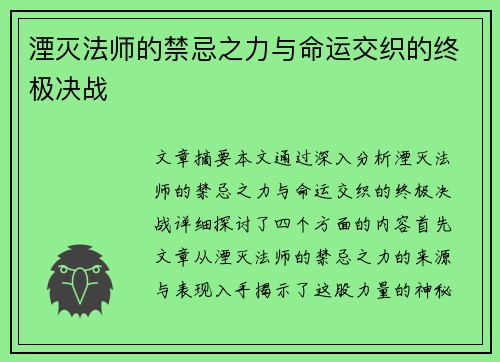 湮灭法师的禁忌之力与命运交织的终极决战