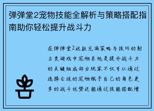 弹弹堂2宠物技能全解析与策略搭配指南助你轻松提升战斗力